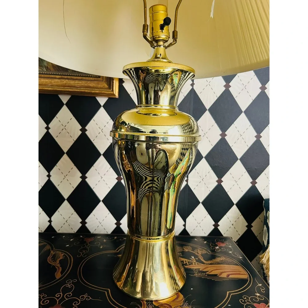 Pair Gold Tone Metal Table Lamps Polished Pedestal Vintage Lighting